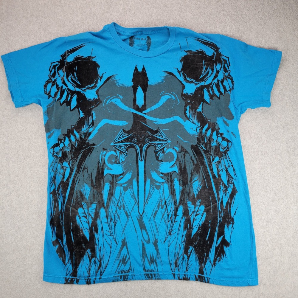 Carbon Black Graphic T-Shirt Mens L Blue Skull Sword Goth Edgy Tee